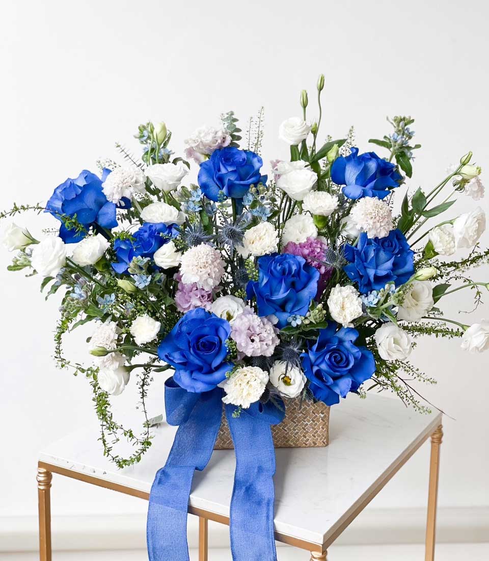 Blooming Blue Roses Surprise Gift Basket