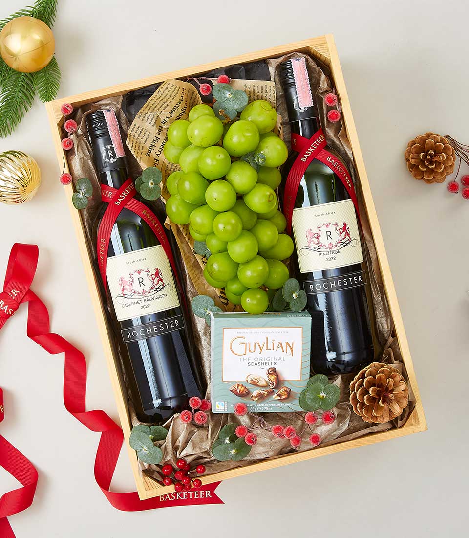 double wine, chocolate, and Shine Muscat grapes in a wooden gift box