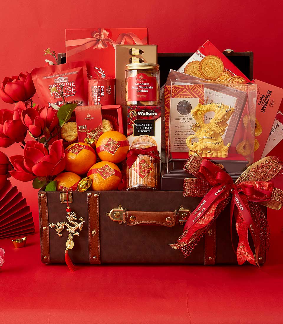 Chinese New Year Gift In Mandarin Orange, Cookies, Biscuits, Crackers, Dragon Statue and Many Treats Delicious In The Brown Hamper We also Decorate it in Red and Gold.