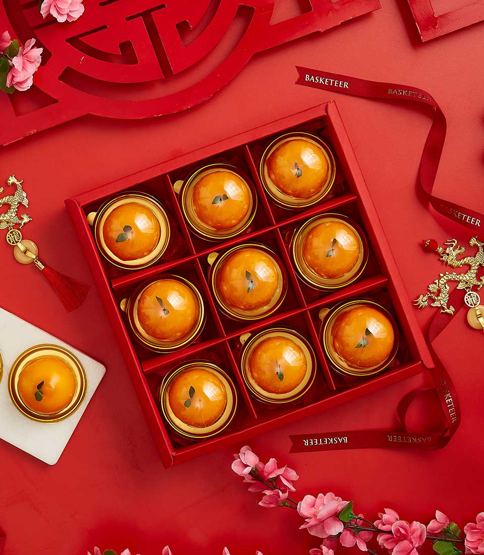 Chinese New Year Gift In Creamy Mandarin Center Cake Gift In The Red Box.