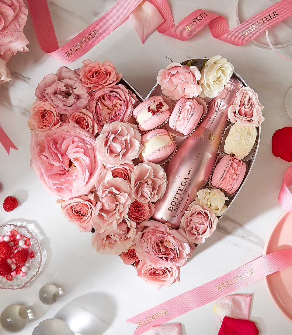 Valentine's Day Gift In Wine With Macarons and Fresh Flower In The Heart White Box.