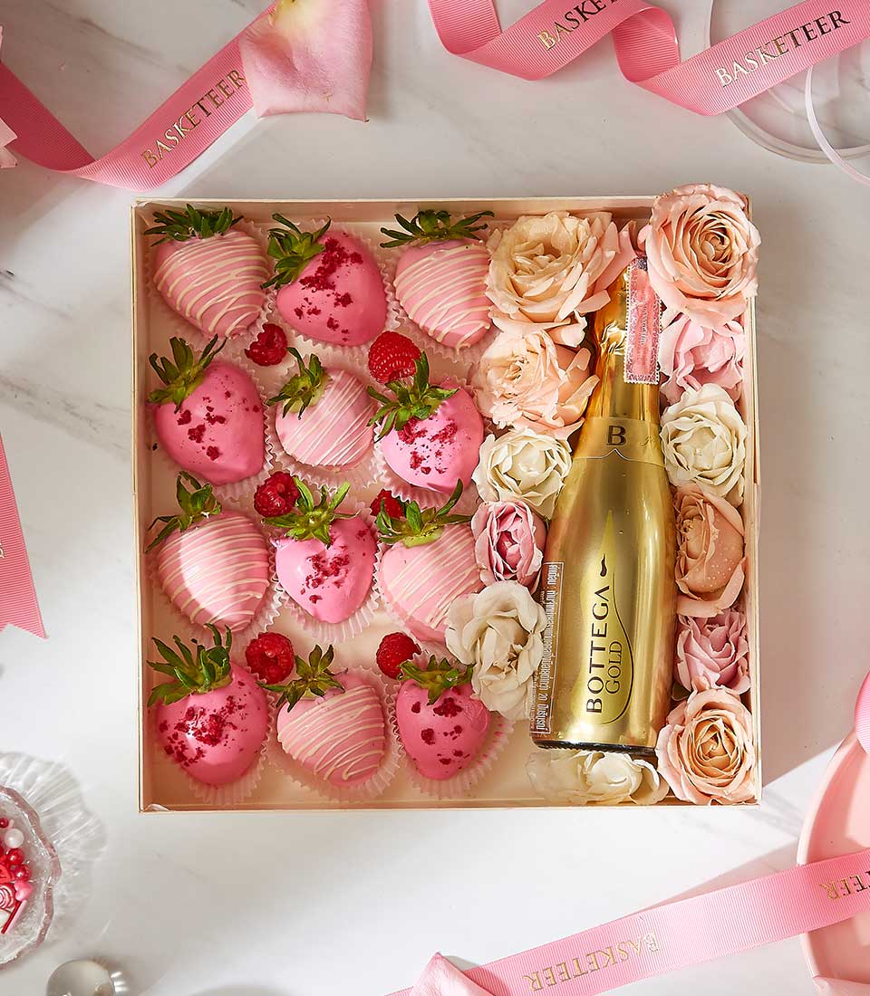 Valentine's Day Gift In Wine With Pink Chocolate Covered Strawberry and Fresh Flower In The Heart White Box.