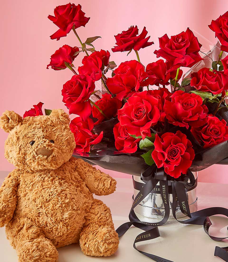 Radiant Red Love Roses With Bear Hug Brown - Basketeer - The