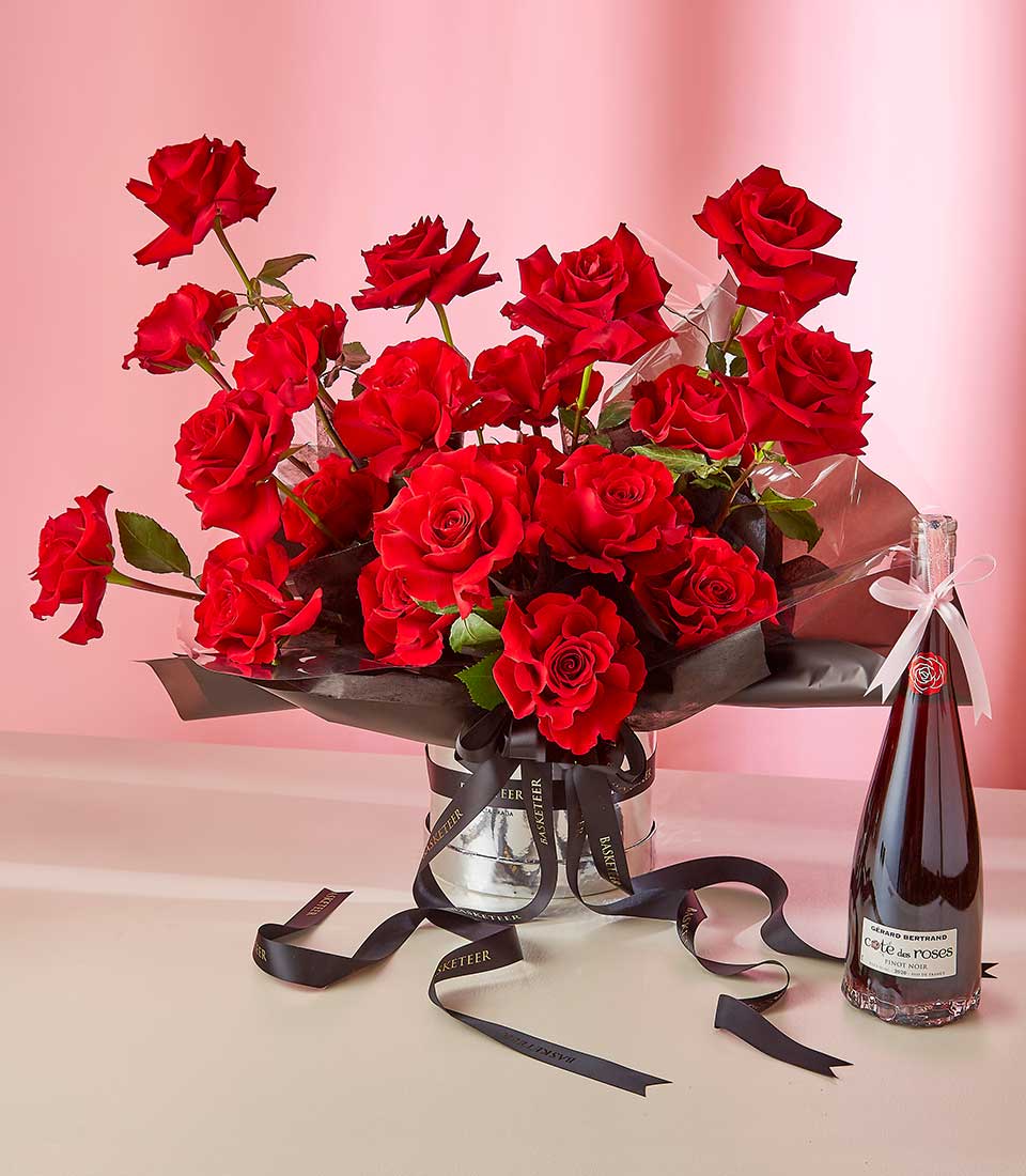 Valentine's Day Gift In Red Roses With Wine In The Sparkling Gray Box with a Black Bow.