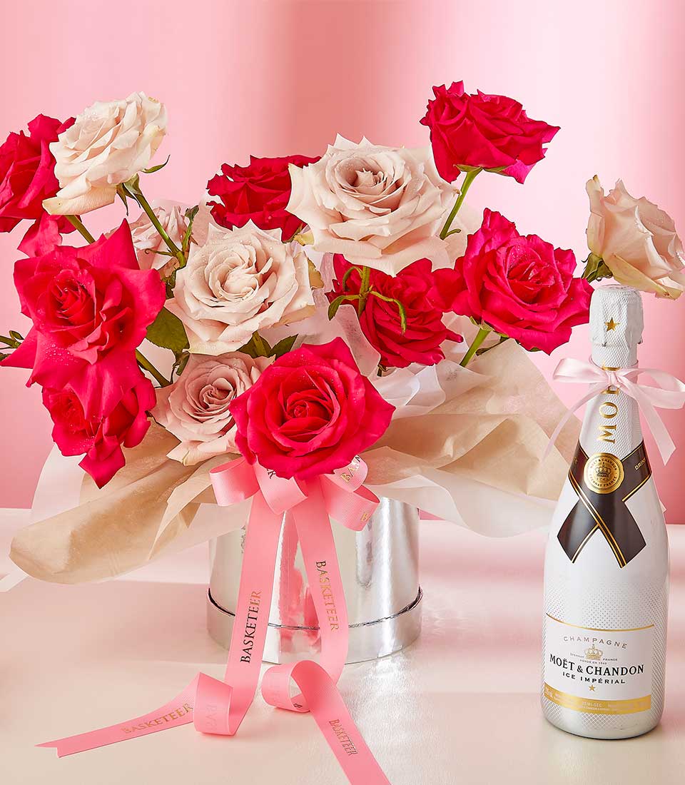 Valentine's Day Gift In Sweet Pink Roses With Wine In The Sparkling Gray Box with a Pink Bow.