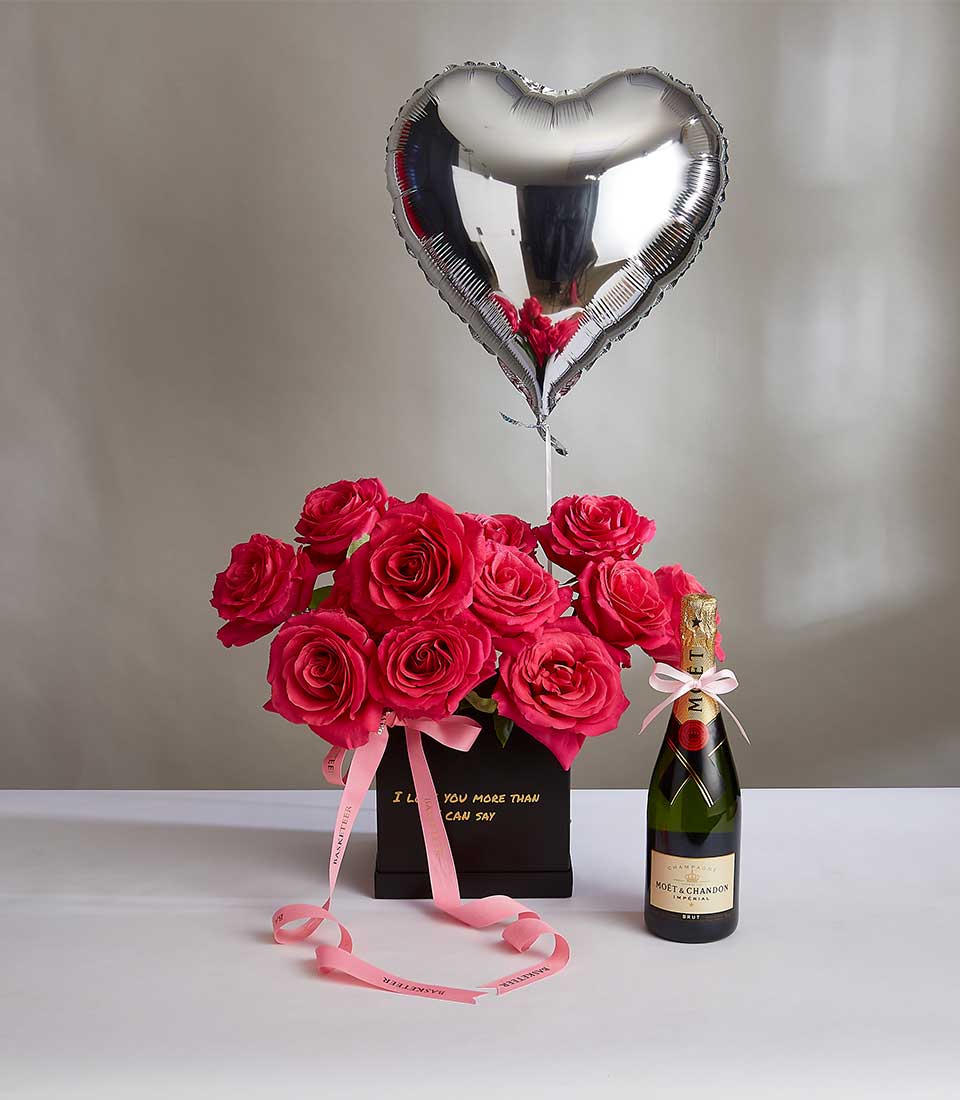 Valentine's Day Wine With Pink Floyd Roses and Gray Balloon in the Midnight Romance Box