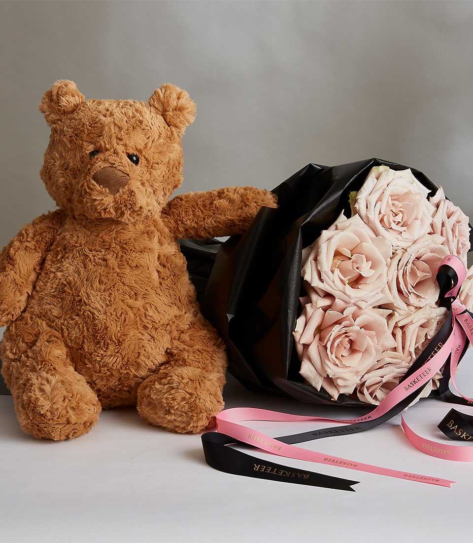 Valentine's Oceansong Rose Bouquet With a Bow and Brown Teddy Baer.