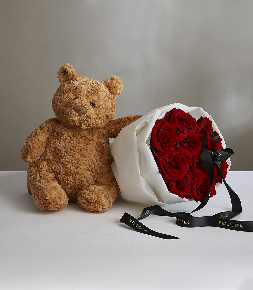 Valentine's Red Explorer Roses Bouquet With Brown Teddy Baer.
