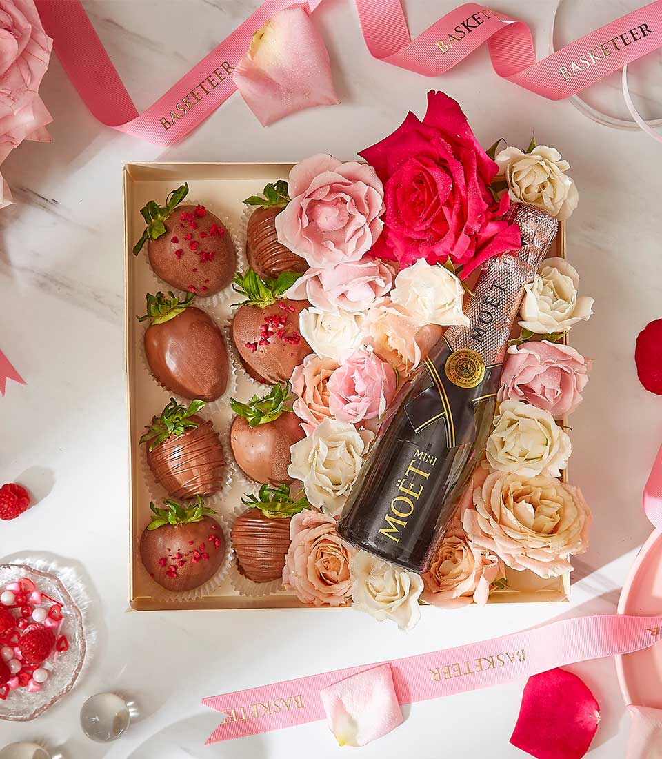 Valentine's Day Gift In Wine With Chocolate Covered Strawberry and Fresh Flower In The Heart White Box.