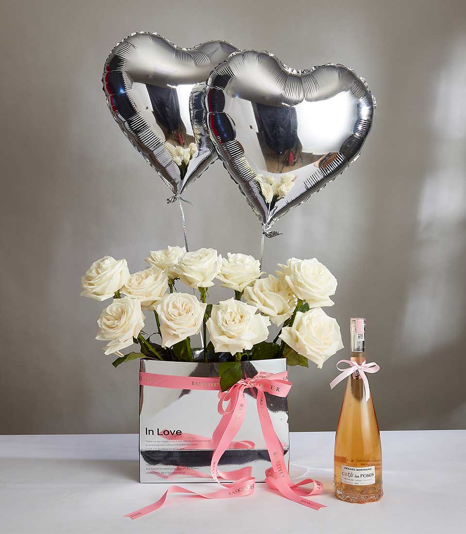 White Playa Blanca RoseWith Wine and Heart Balloons Set