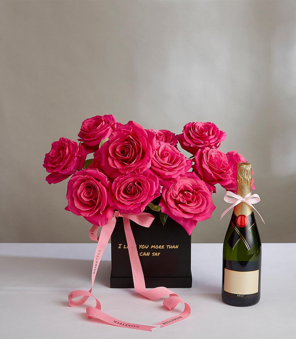 Luxury Gift Set of Pink Roses Bouquet with Champagne