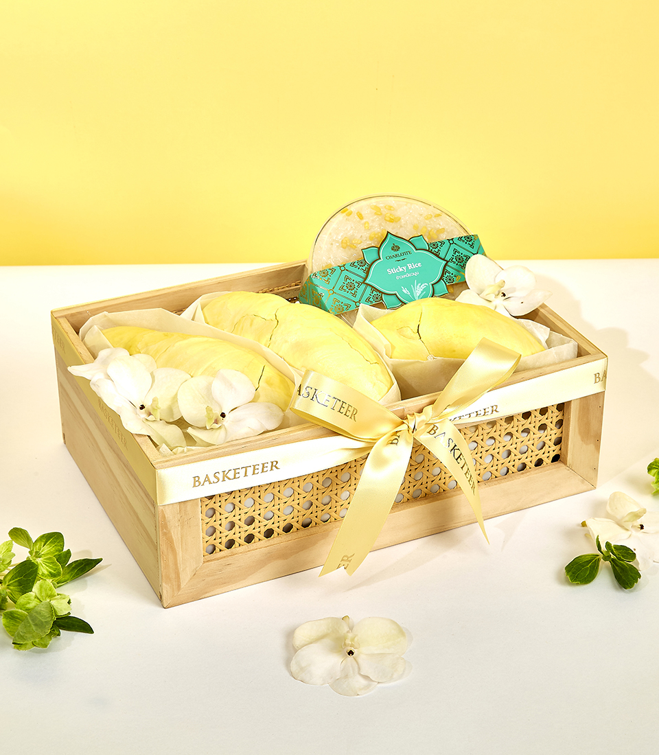 Indulge in the tropical flavors of Thailand with our Durian and Sticky Rice Basket, a delightful Thai summer fruits gift perfect for any occasion. Order now and savor the taste of summer!