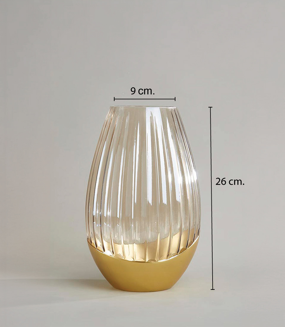 Elegant Ribbed Glass Vase with Gold Base - 26 cm Height, 9 cm Diameter.