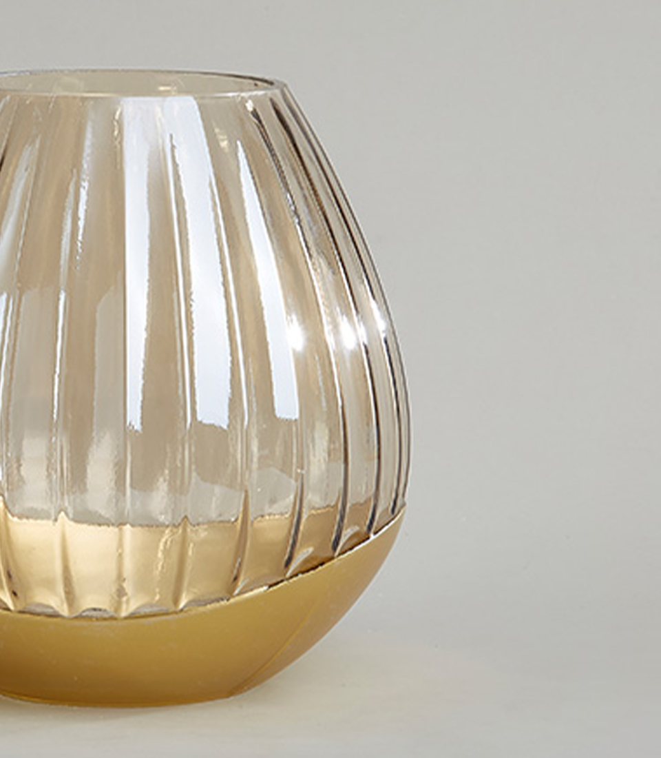 Close-up of Ribbed Glass Vase with Gold Base - Short Version.