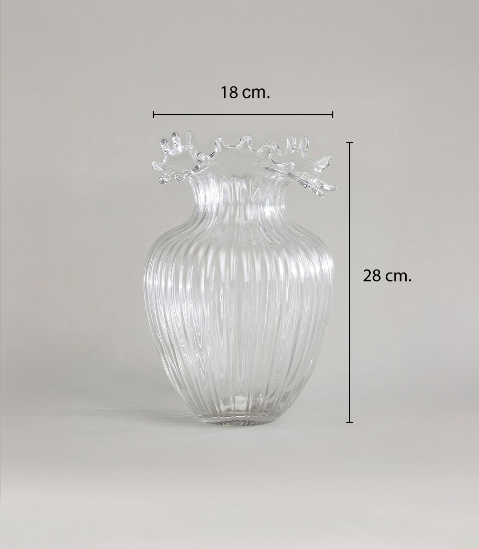 Clear Ribbed Glass Vase with Fluted Top - Dimensions 18 cm x 28 cm. on a light grey background.