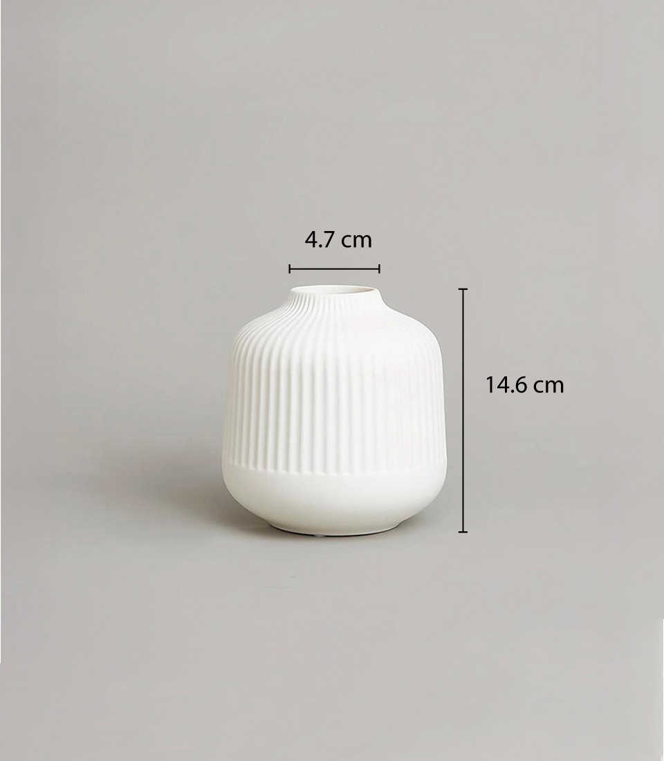 Small white ceramic vase with vertical grooves, 4.7 cm opening and 14.6 cm tall, placed on a light grey background.