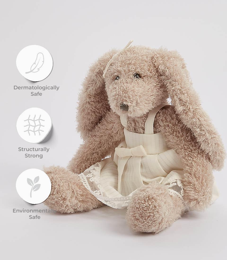 Gray plush bunny wearing a white dress with lace details, standing against a white background. Next to the soft toy are three circular icons with text: 
