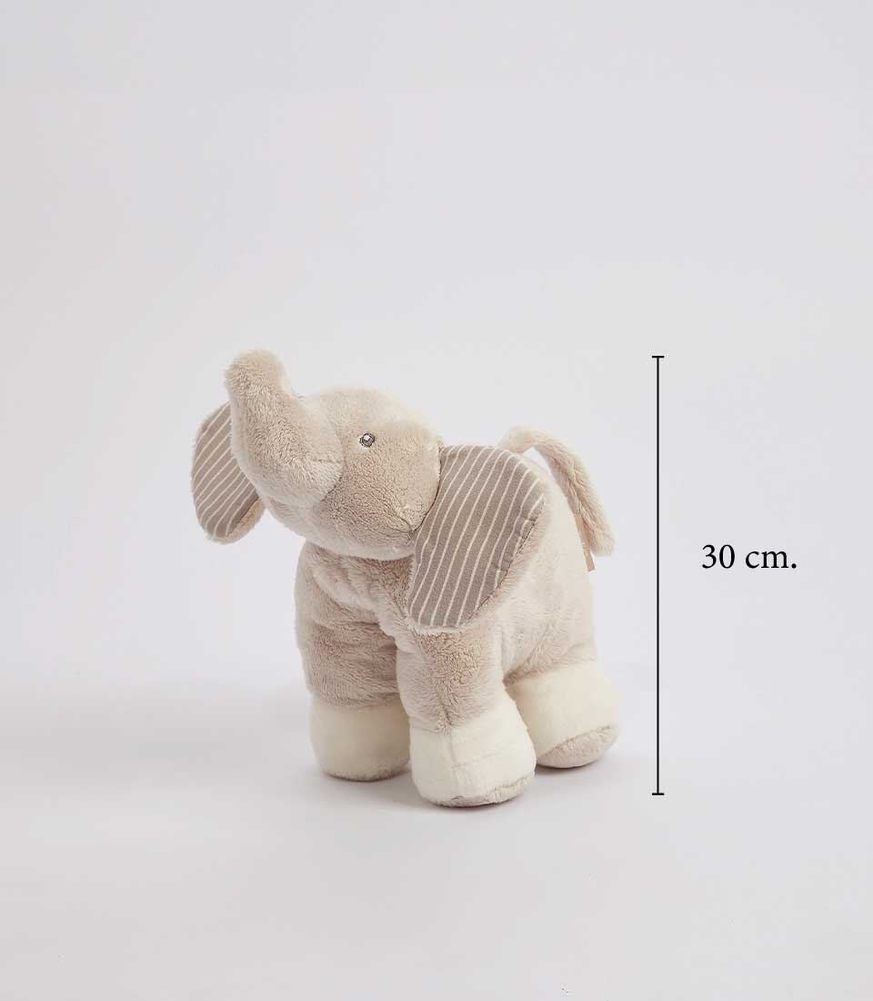 Soft plush gray elephant toy with white feet and striped ears, standing on a white background, height of 30 cm.
