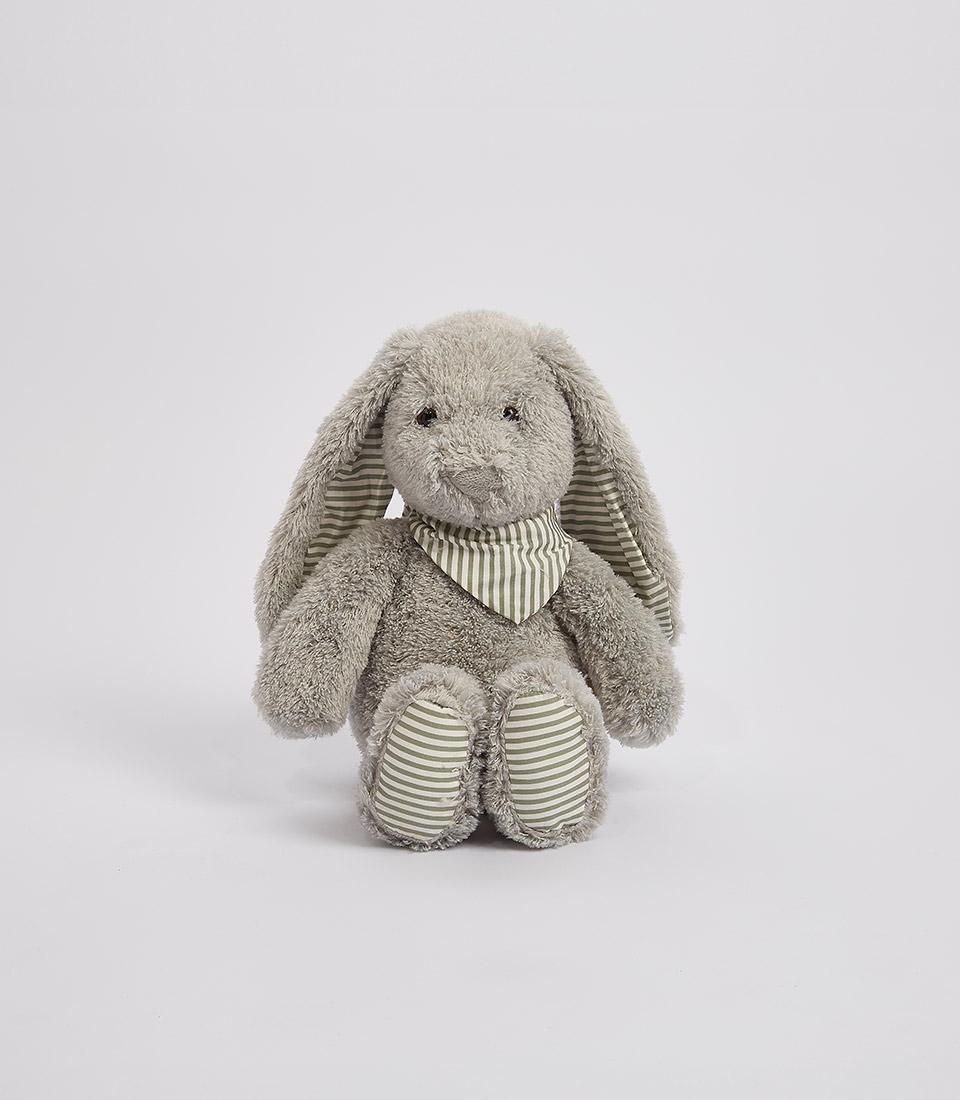 Gray plush bunny with striped bandana, standing upright on a white background.
