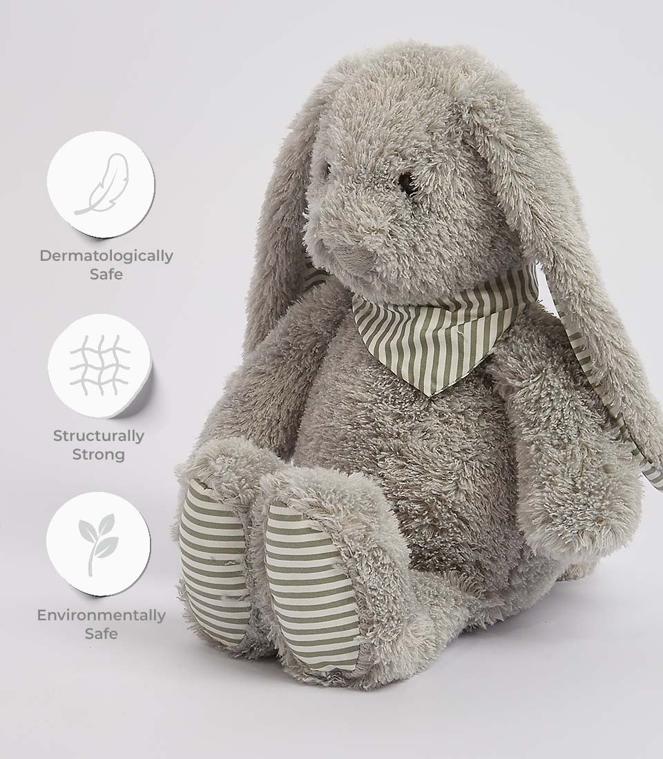 Gray plush bunny with striped bandana, standing upright on a white background. Next to the soft toy are three circular icons with text: 