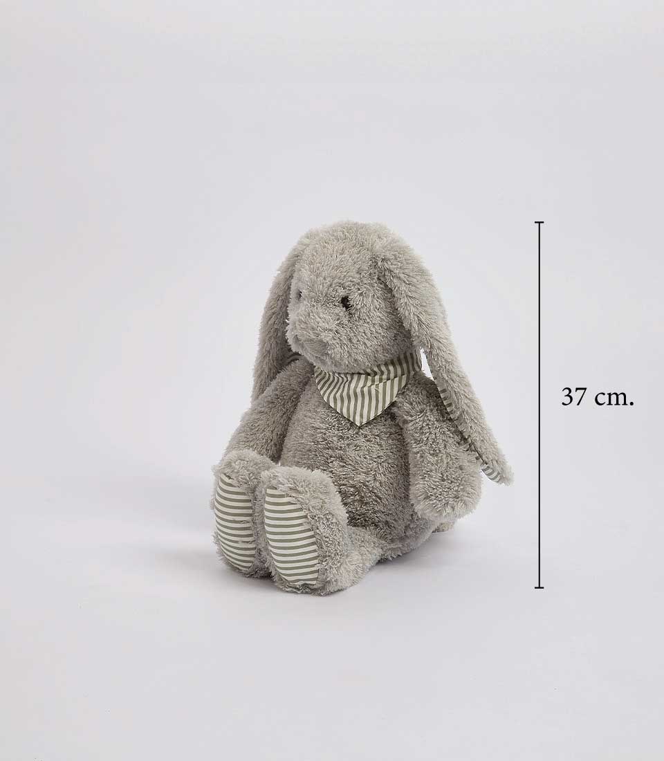 Soft gray plush bunny with long ears, striped bandana, and a height of 37 cm.