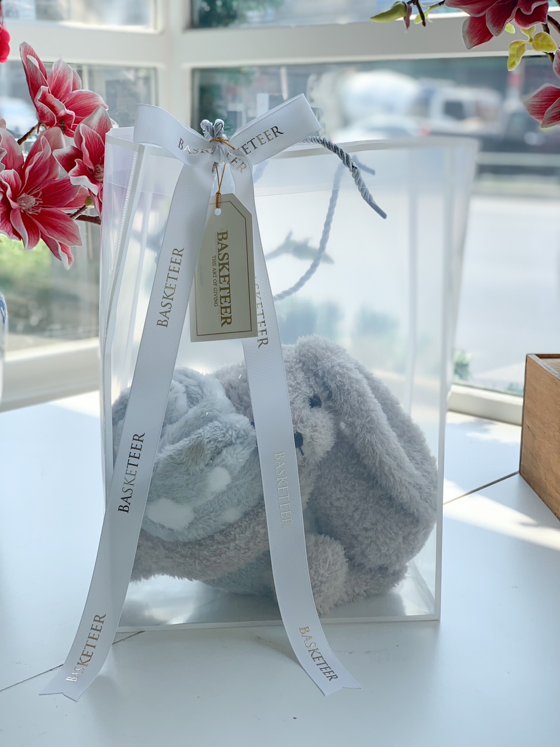 Soft Grey Plush Bunny in Elegant Gift Box with Satin Ribbon