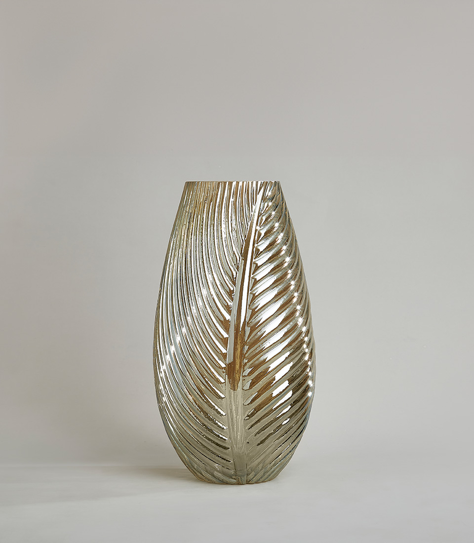 Silver glass vase with an intricate leaf pattern design, offering a luxurious and elegant touch to home decor.