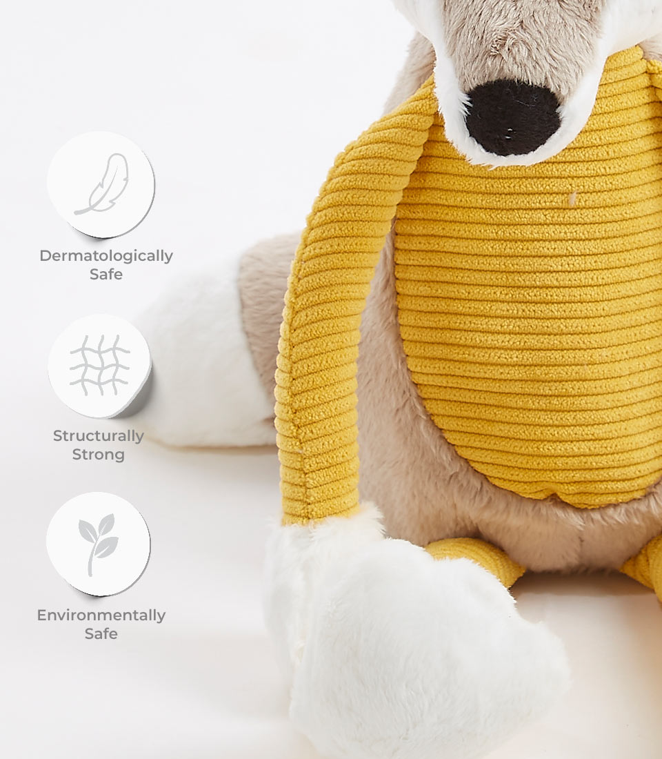 A close-up of a plush toy kangaroo with a yellow, ribbed body and white, fuzzy feet. Three icons beside the toy depict its features: 