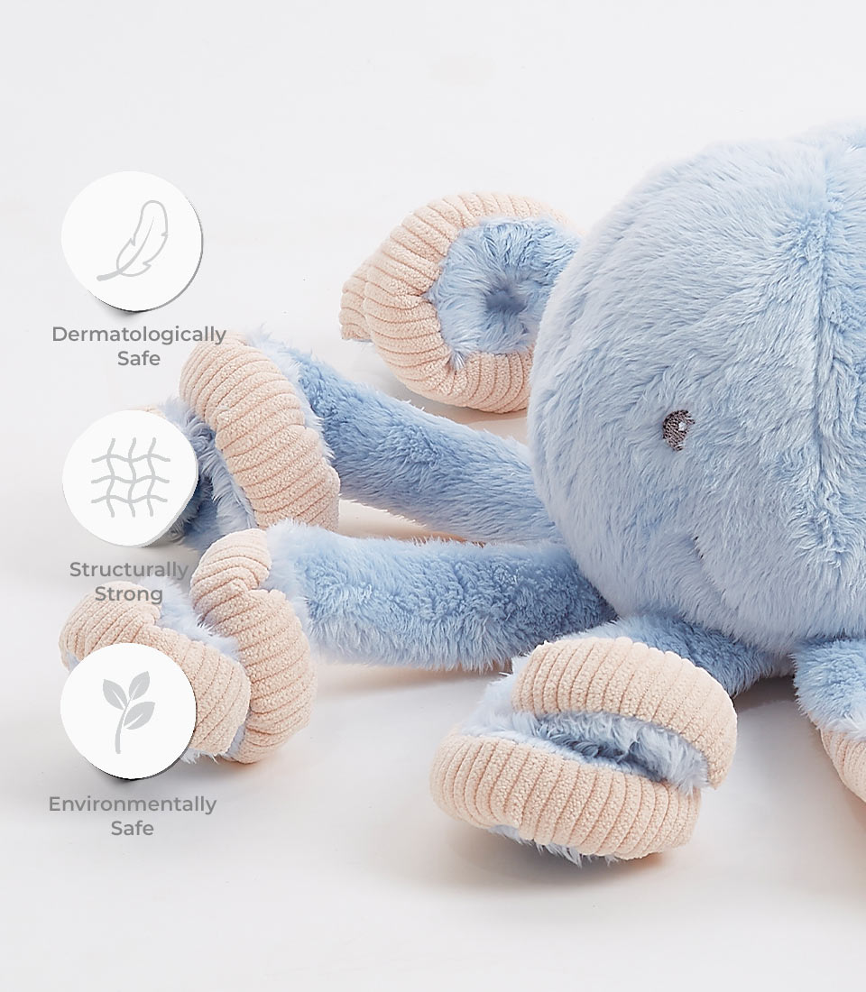 A plush blue octopus toy lies against a white background, showcasing its beige, ribbed tentacle ends. Accompanying text highlights its features: 