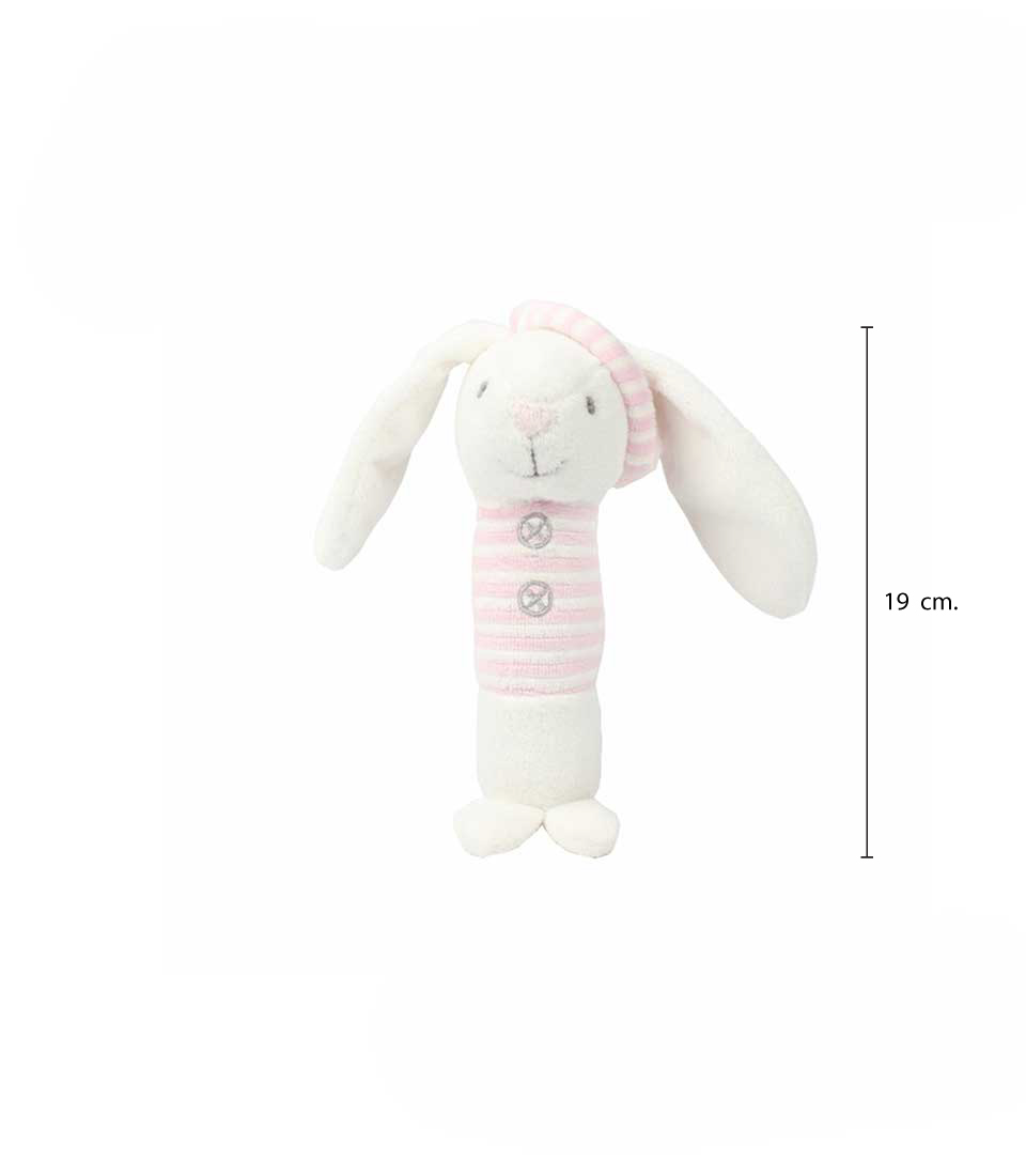 Soft plush bunny rattle with pink and white stripes and floppy ears on a white background height of 19 cm.