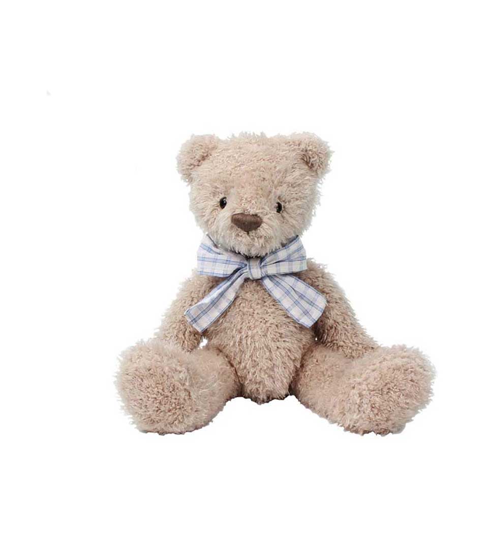 Soft and cuddly teddy bear with a blue plaid bow, sitting upright on a white background.