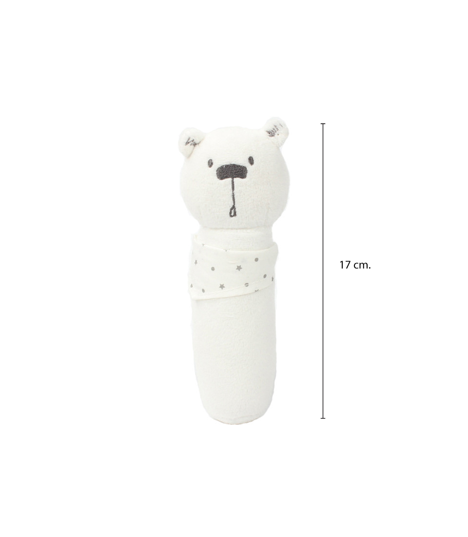 Soft white bear rattle toy featuring a star-patterned bandana on a white background, height of 17 cm.