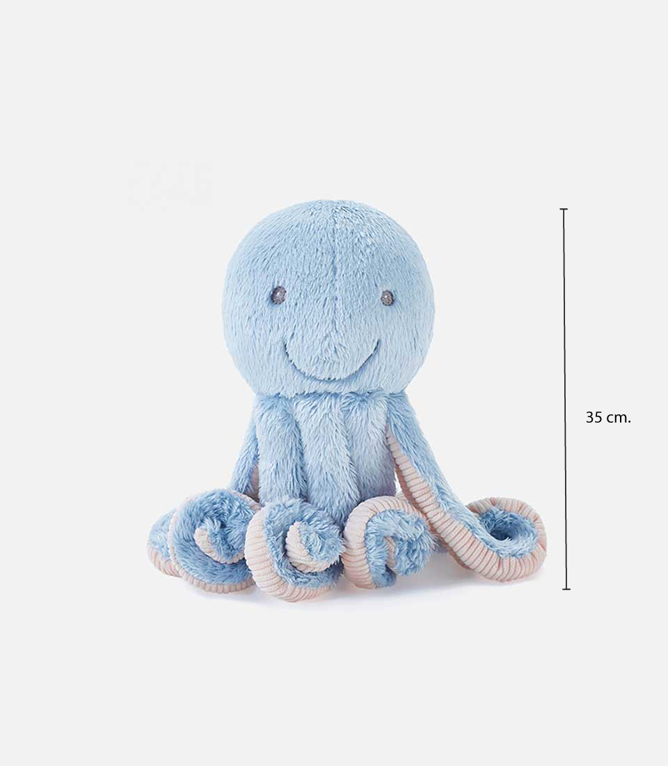Soft blue plush octopus toy with a smiling face and coiled tentacles, sitting on a white background, height of 35 cm.