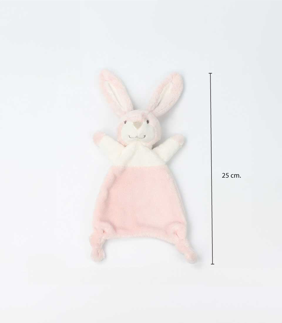 A soft pink bunny lovey saliva towel featuring a cute bunny head and ears, with a cozy on a white background, height of 25 cm.