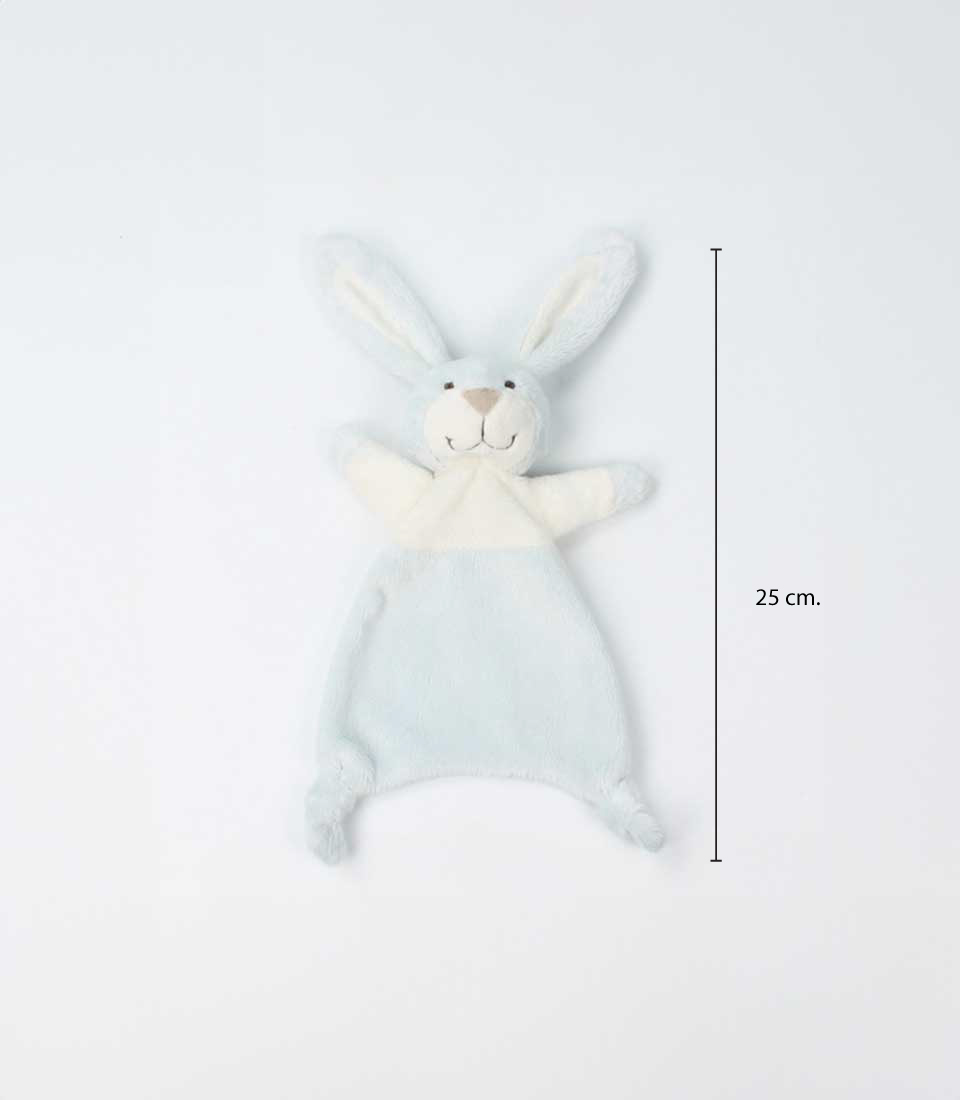 A soft blue bunny lovey Saliva Towel, featuring a cute bunny head and ears, on a white background, height of 25 cm.