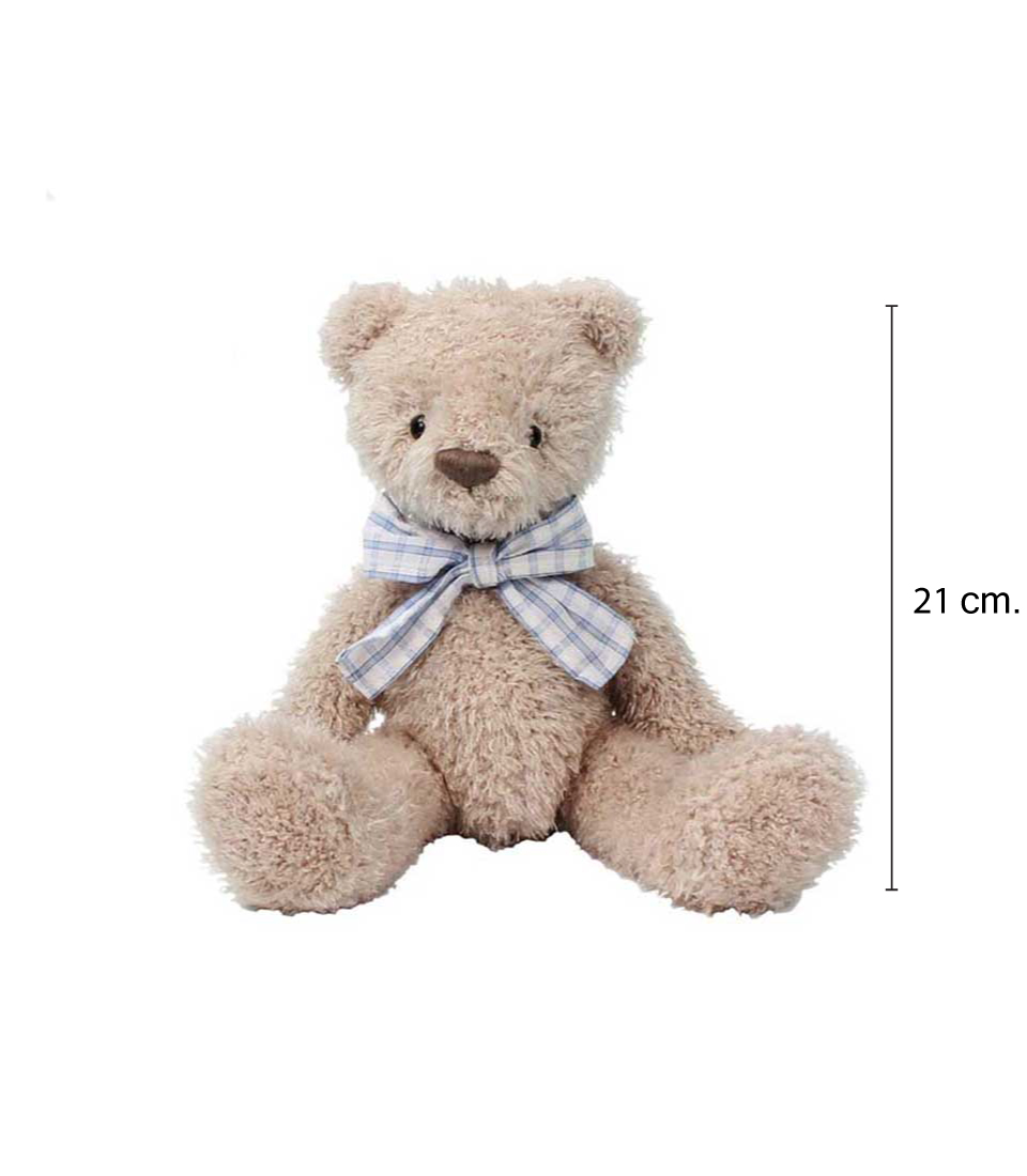 Soft and cuddly teddy bear with a blue plaid bow, sitting upright on a white background height of 21 cm.