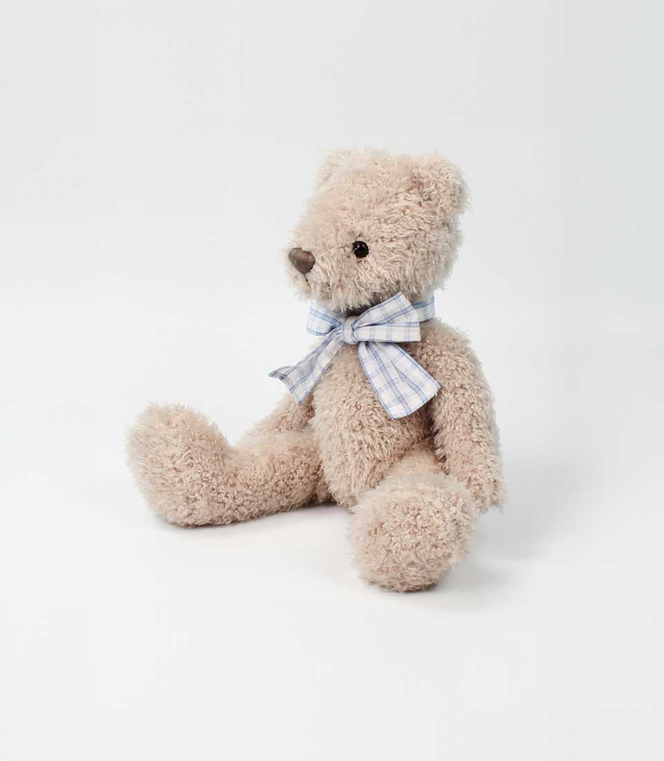 Soft and cuddly teddy bear with a blue plaid bow, sitting upright on a white background.