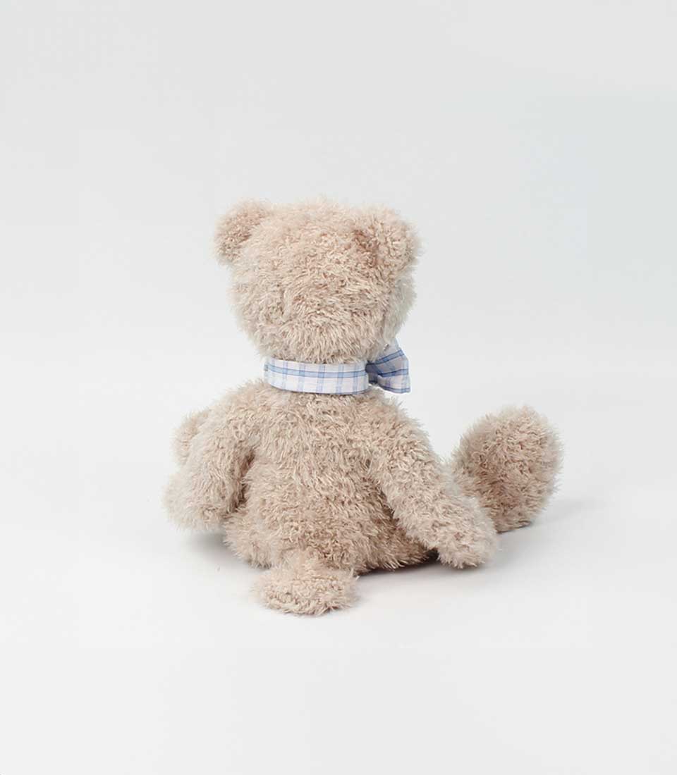 Back view of a Soft and cuddly teddy bear with a blue plaid bow, sitting upright on a white background.