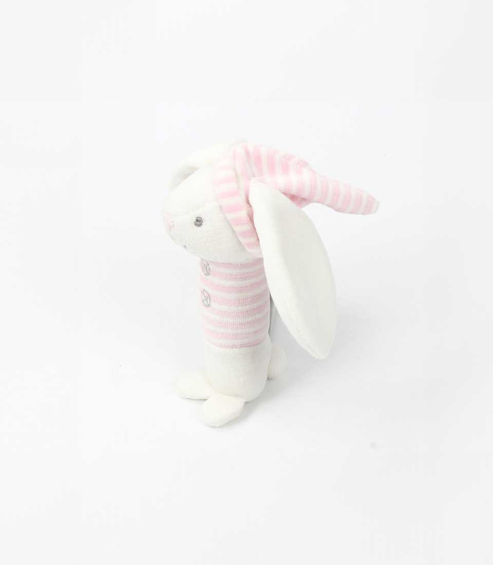 Soft plush bunny rattle with pink and white stripes and floppy ears on a white background.