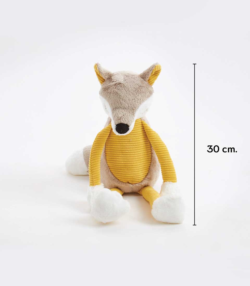A 30 cm tall plush toy resembling a yellow and gray fox, with a light brown face and ears, white muzzle and paws, and long limbs. The toy is sitting upright against a plain background. Perfect for anyone who loves soft toys!