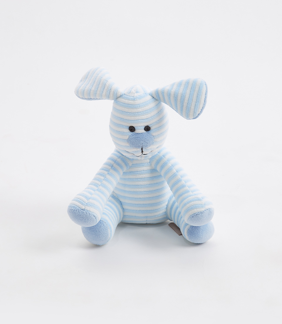A blue and white striped stuffed bunny sits upright against a white background. With long floppy ears, a small round nose, and black stitched eyes, it shares the soft, plush texture of a Blue Striped Puppy Plush Soft Toy. Its simple design makes it look cuddly and cute.
