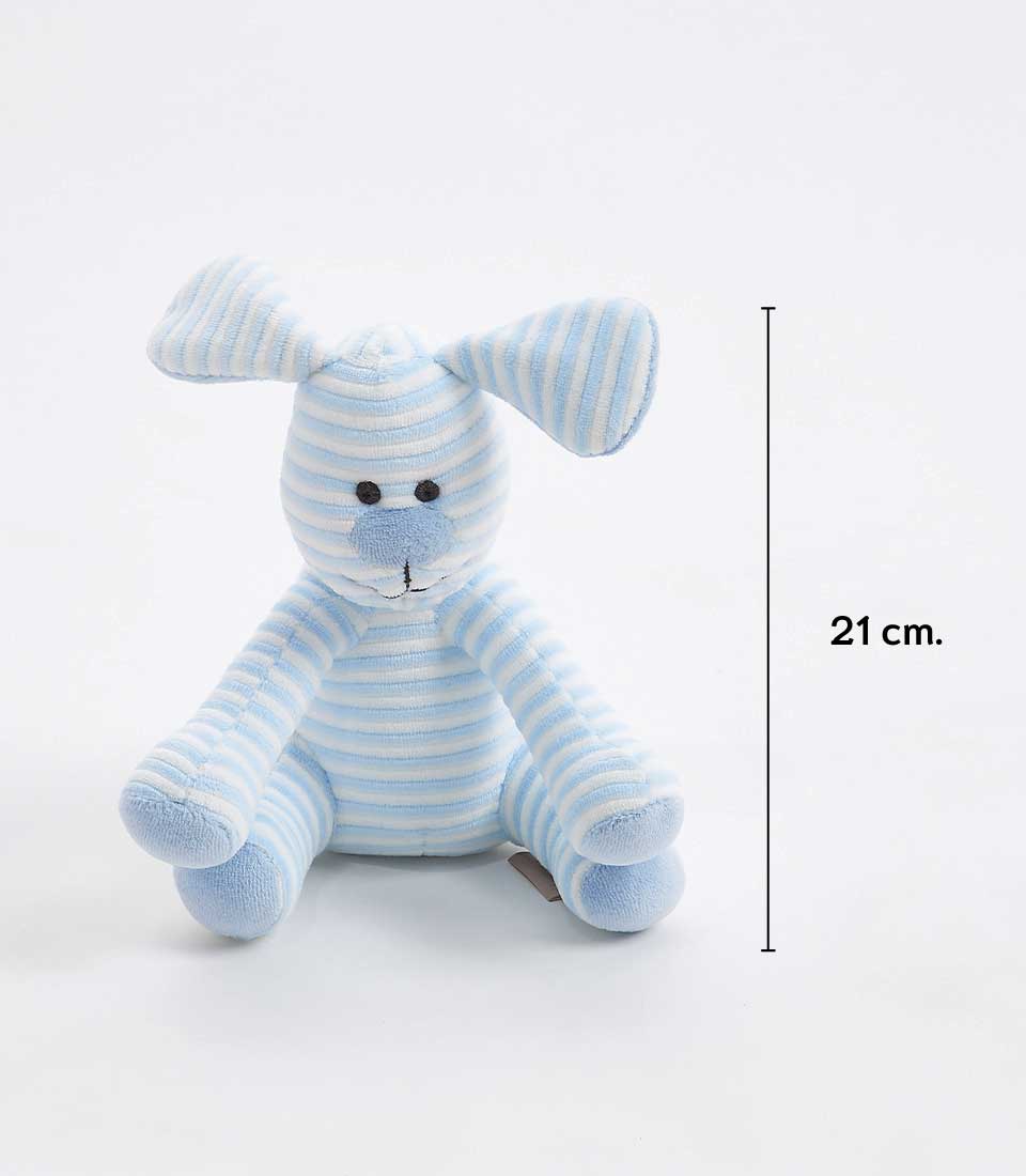 A soft, blue striped puppy plush toy with floppy ears, two black button eyes, and a stitched nose, sits upright on a white background. A vertical line with a label indicates the soft toy is 21 cm tall.