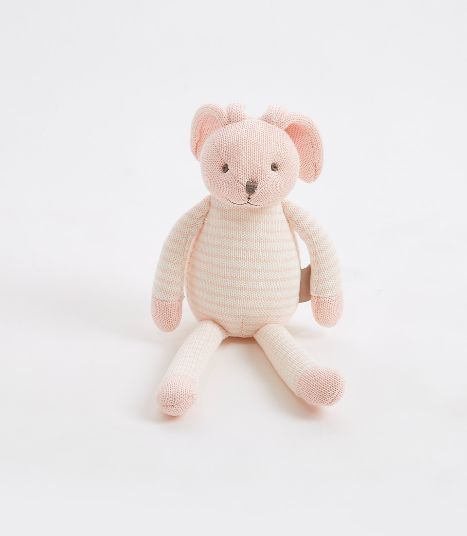A soft, knitted stuffed animal resembling a mouse sits upright against a white background. It has a light pink and white striped body, pink ears, a stitched nose, and small black eyes—perfect for fans of cuddly striped soft toys.