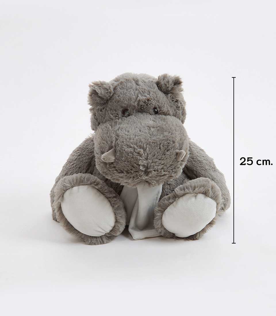 A plush toy resembling a gray hippopotamus is shown against a plain white background. The cuddly toy has a measured height of 25 cm indicated by a vertical line and label on the right side of the image. The hippopotamus has white accents on its feet.