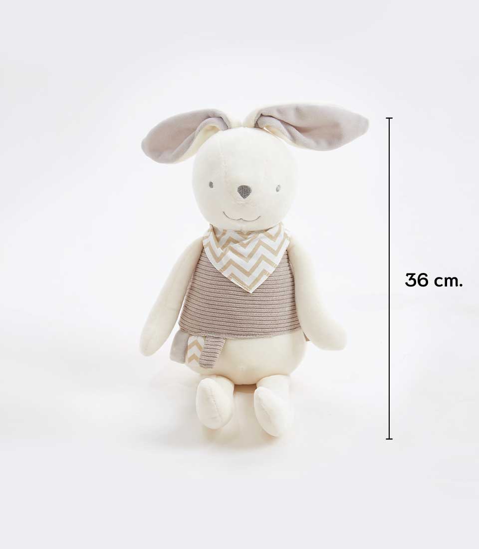 A Gray Bunny Plush Toy with floppy ears, dressed in a chevron-patterned scarf and grey outfit. Seated at 36 cm tall, this soft toy is perfect for cuddles. The background is plain white.