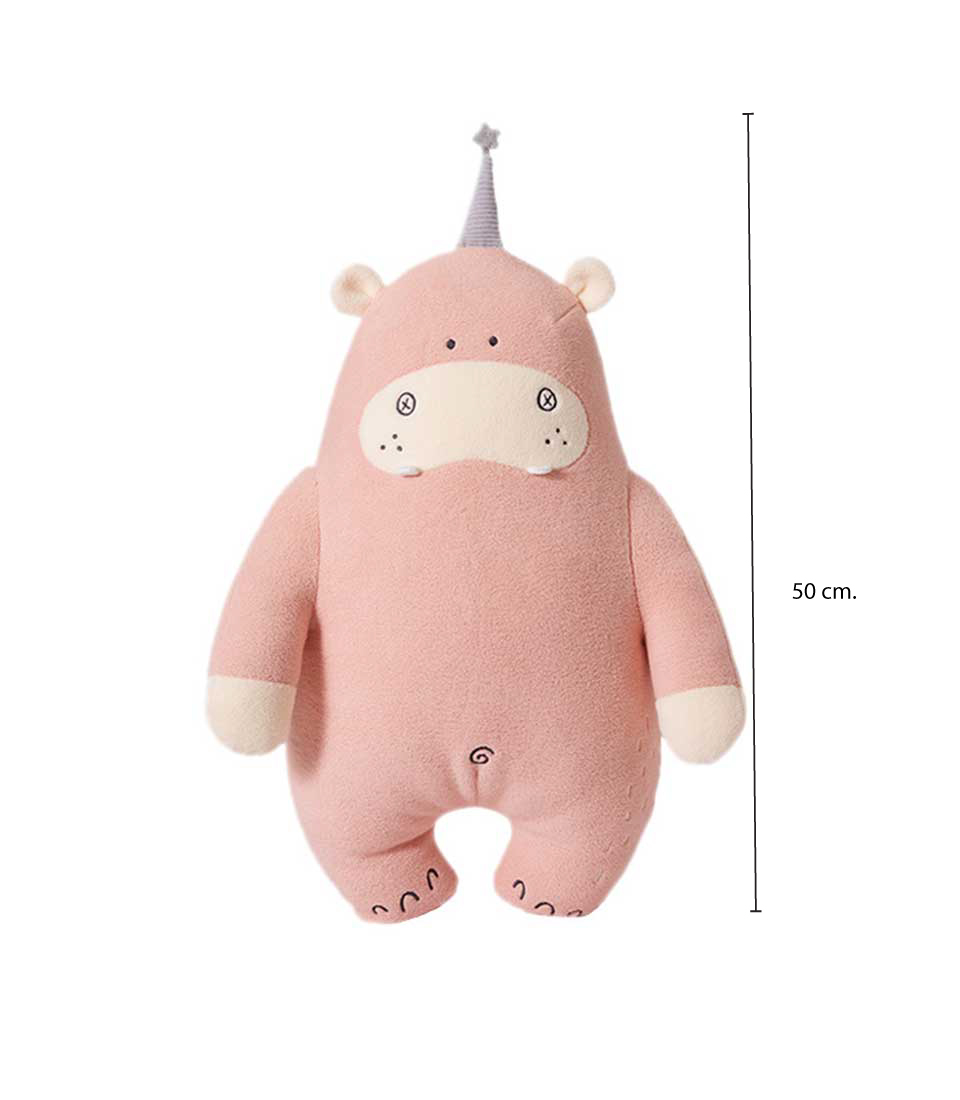 A cute pink hippo plush toy wearing a small gray party hat, on a white background, height of 50 cm.