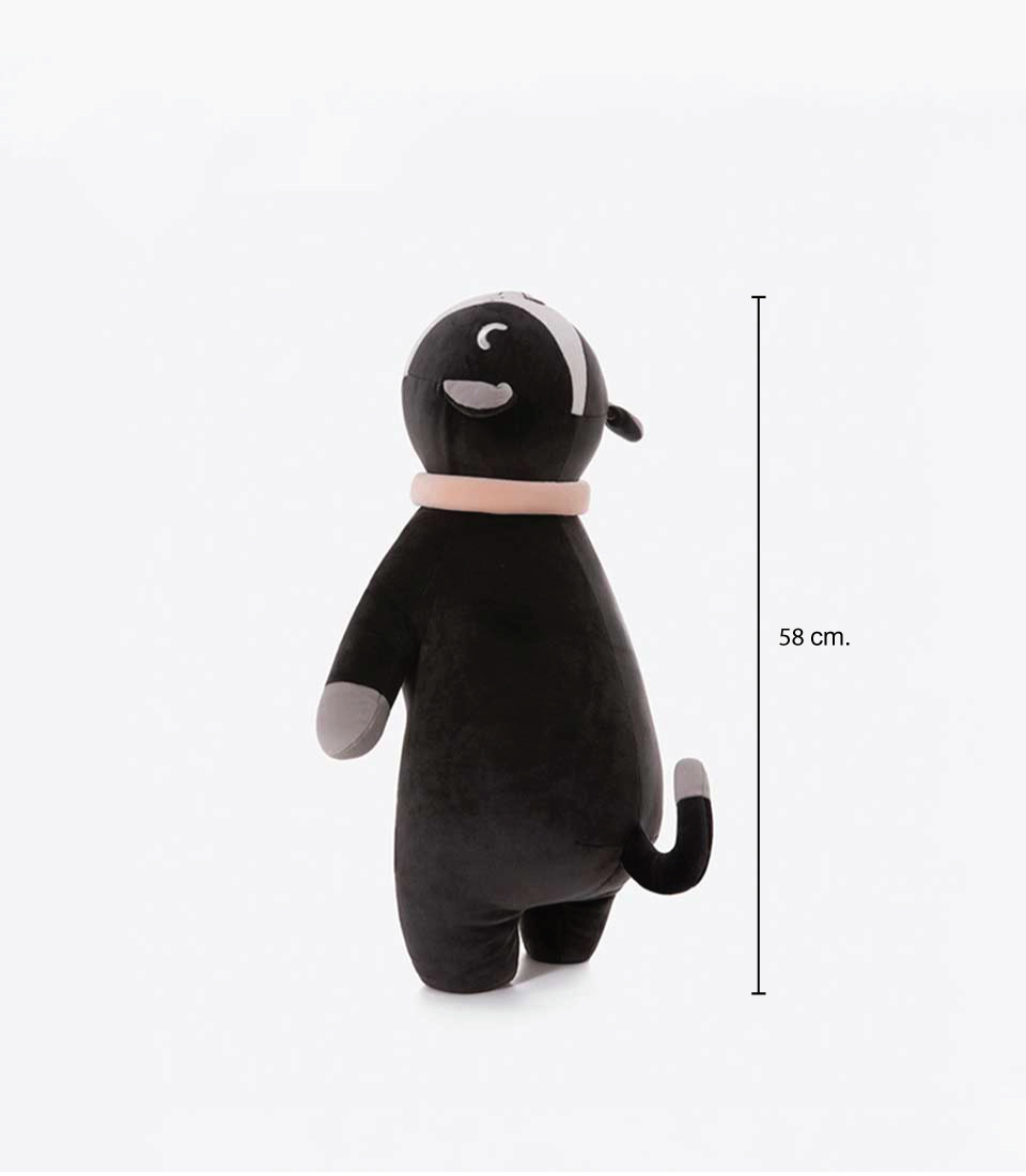 A black cat plush toy with a grey muzzle, paws, and a small tail, wearing a light pink collar. The toy has a cute smiling face with closed eyes, on a white background, height of 58 cm.