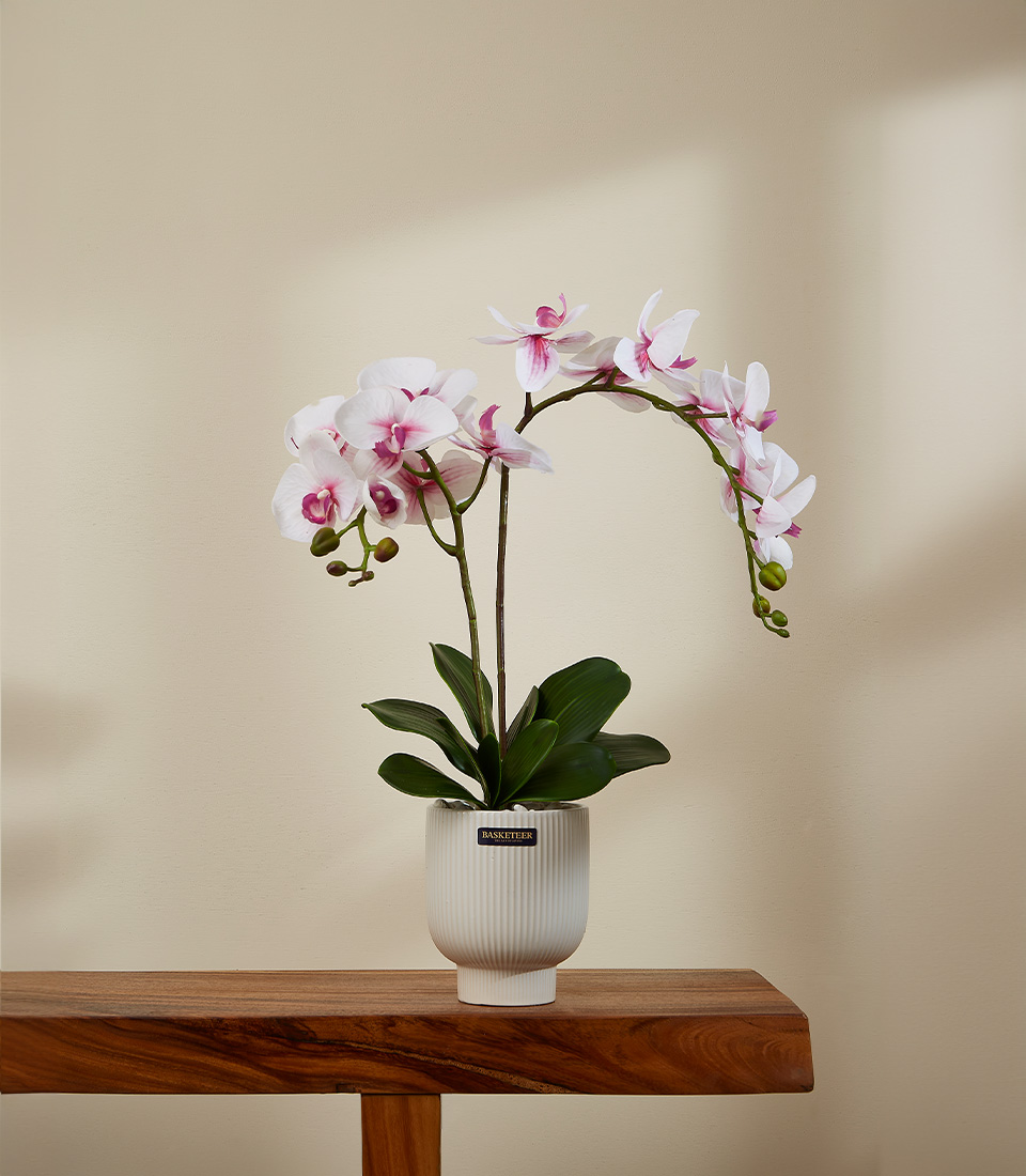 Lifelike white and pink Phalaenopsis orchid flowers with realistic green stems and leaves arranged in a decorative pot. This alt text captures the key features of the orchid and the overall look of the arrangement.