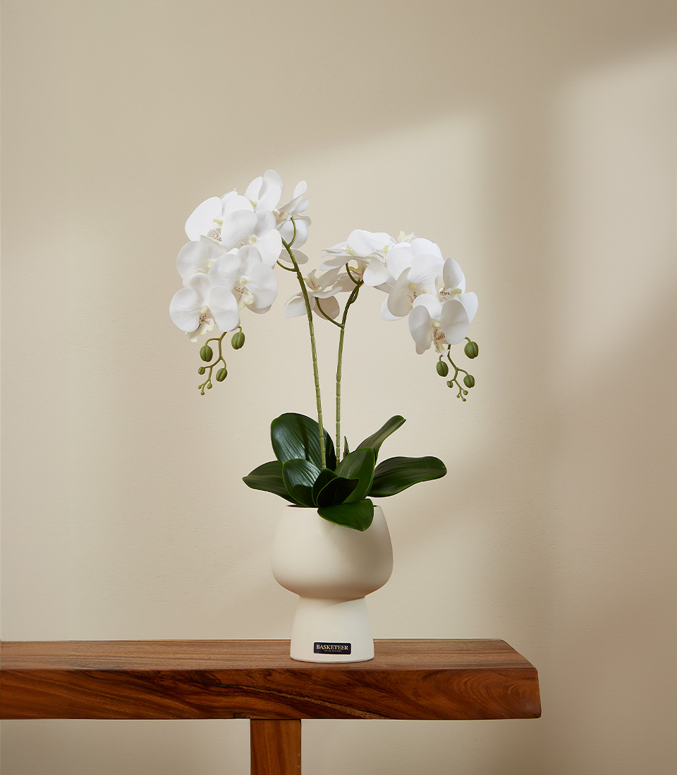 Lifelike white Phalaenopsis orchid arrangement with realistic green stems and leaves in a modern white ceramic pot.