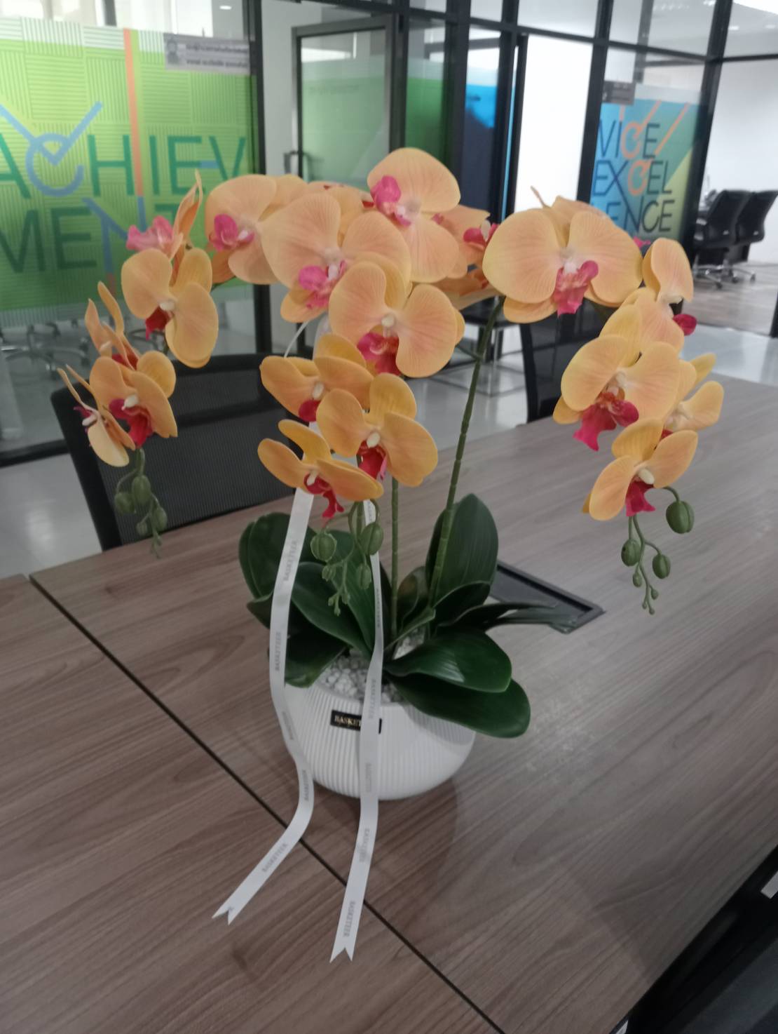 A white pot of Golden Sunrise Phalaenopsis Potted Orchids with green leaves sits on a wooden meeting table in a modern office with glass walls and motivational words displayed in the background.